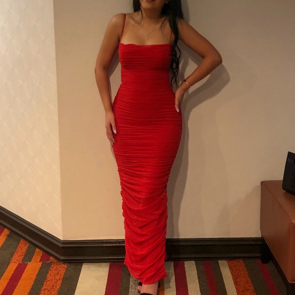 House of CB Sirene red gathered organza mesh dress in size XS